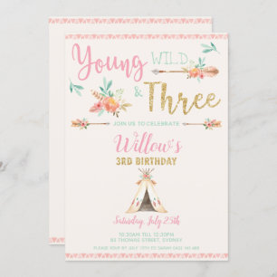 Invitation Boho Young Wild et Three Birthday Party Girl