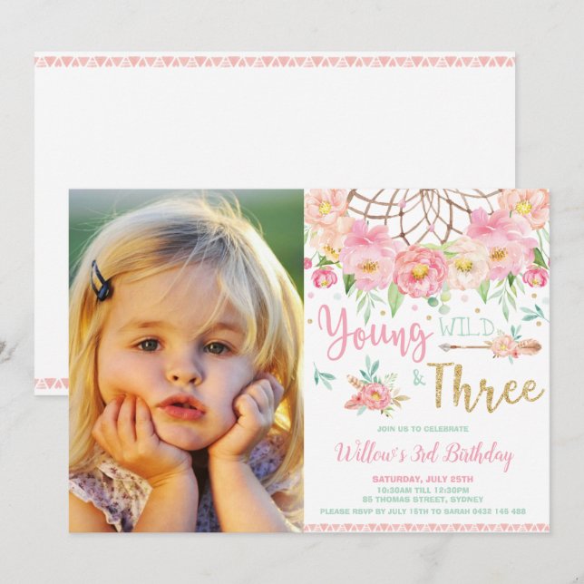 Invitation Boho Young Wild et trois 3ème anniversaire fille p (Devant / Derrière)