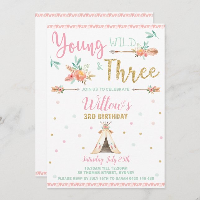 Invitation Boho Young Wild et trois fille de fête d'anniversa (Devant / Derrière)