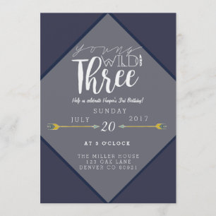 Invitation Boho Young Wild & Three   3e fête d'anniversaire