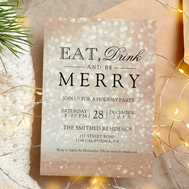 Invitation Boire à manger être joyeux Holiday rose or parties (Eat drink be merry Holiday rose gold glitter bokeh Invitation)