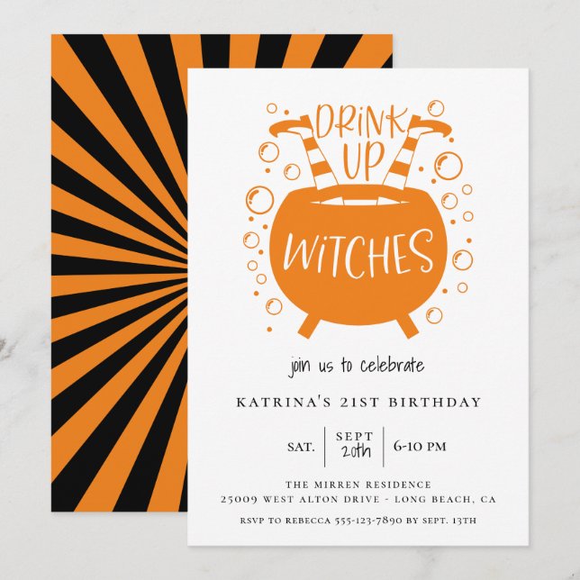 Invitation Boire Sorcières Halloween Thème Anniversaire (Devant / Derrière)