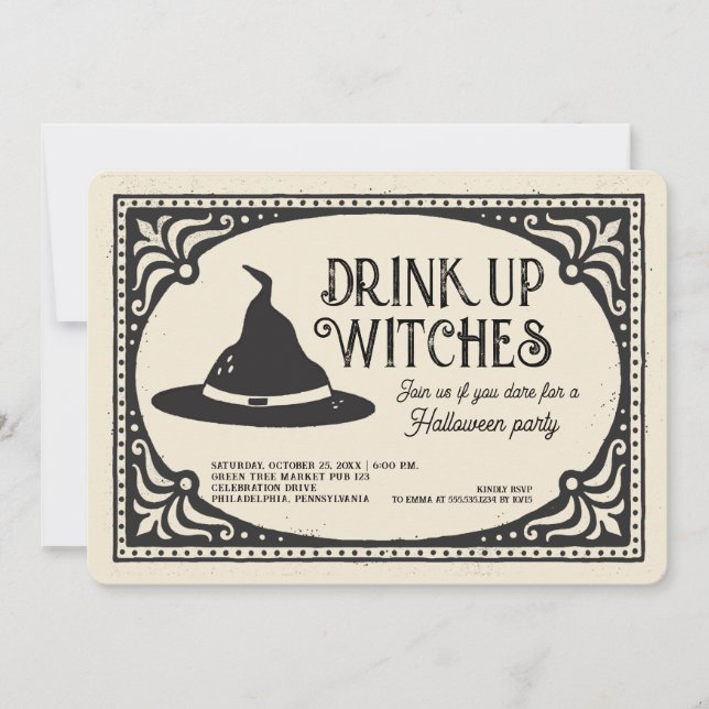 Invitation Boire vintage sorcières Halloween Party (Devant)