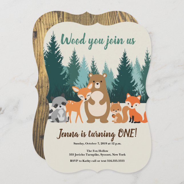 Invitation Bois 1er anniversaire Forêt Animaux Végétation (Devant / Derrière)