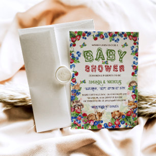 Invitation Bois Animaux Baby shower aux fraises aux bleuets