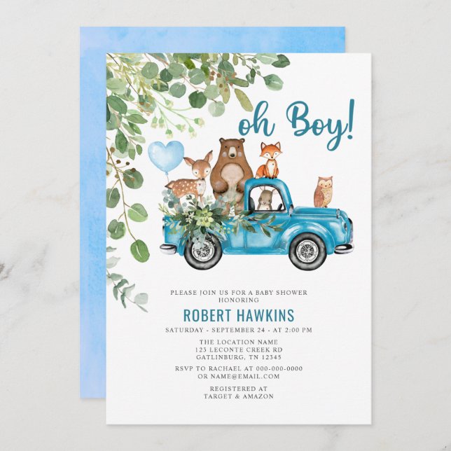Invitation Bois Animaux Baby shower de camion bleu (Devant / Derrière)