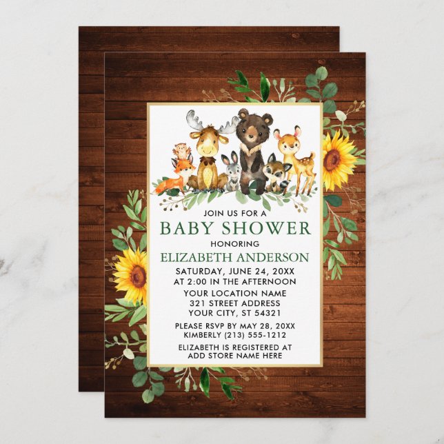 Invitation Bois Animaux Baby shower de tournesol en bois (Devant / Derrière)
