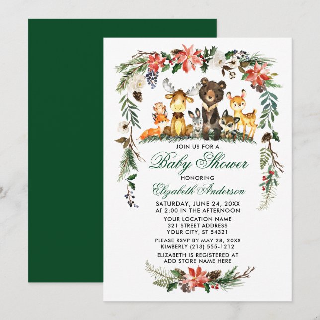 Invitation Bois Animaux Baby shower de vacances Vert (Devant / Derrière)
