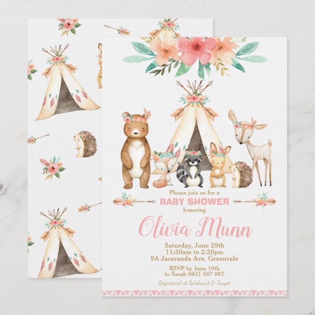 Invitation Bois Animaux Baby shower Forêt Animaux Fille (Devant / Derrière)