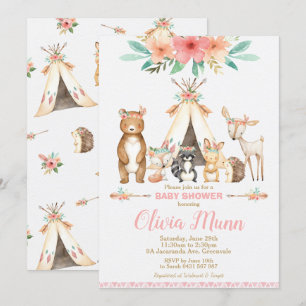 Invitation Bois Animaux Baby shower Forêt Animaux Fille