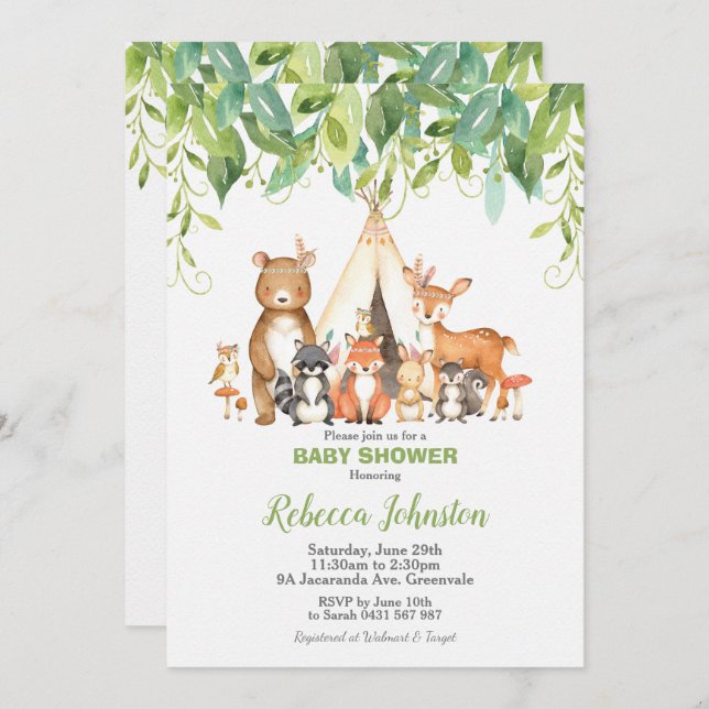 Invitation Bois Animaux Baby shower Forêt Verdure Garçon (Devant / Derrière)