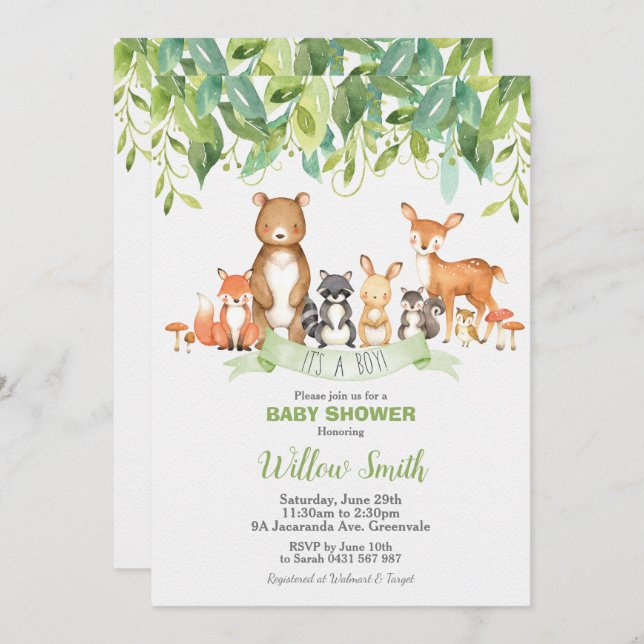Invitation Bois Animaux Baby shower Forêt Verdure Garçon (Devant / Derrière)