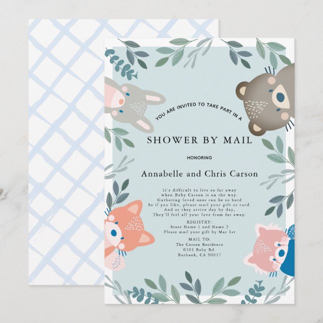 Invitation Bois Animaux Baby shower garçon bleu par courrier (Devant / Derrière)