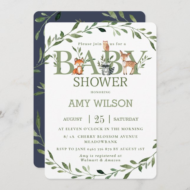 Invitation Bois Animaux Baby shower Végétation Whimsical (Devant / Derrière)