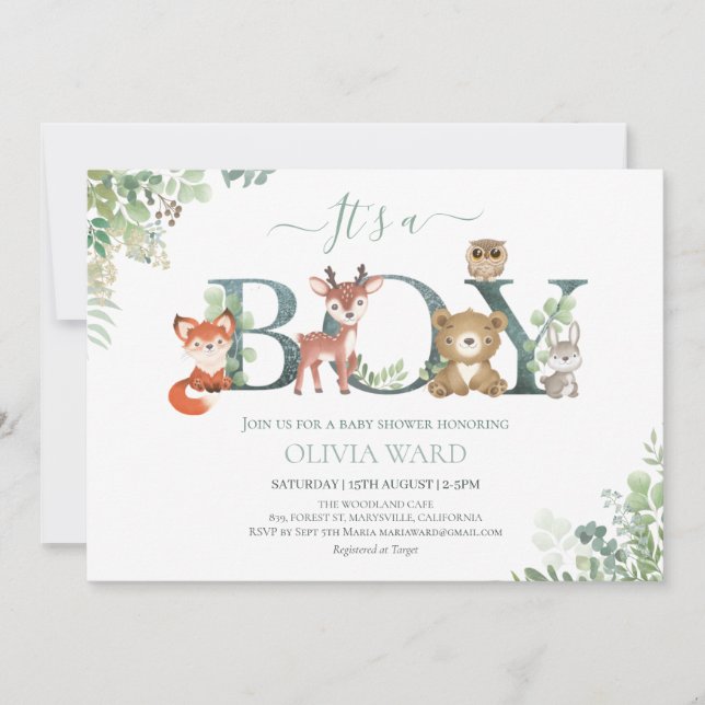 Invitation Bois Animaux Baby shower verdoyant (Devant)