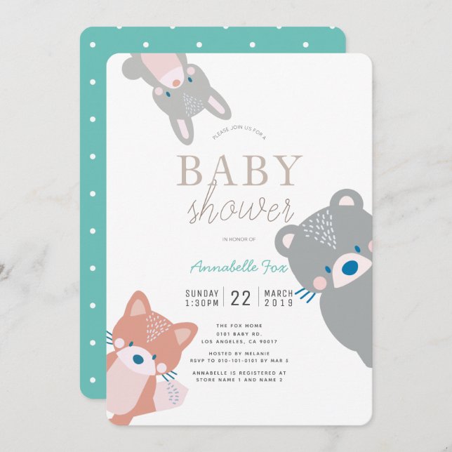 Invitation Bois Animaux Blanc Turquoise Baby shower garçon (Devant / Derrière)
