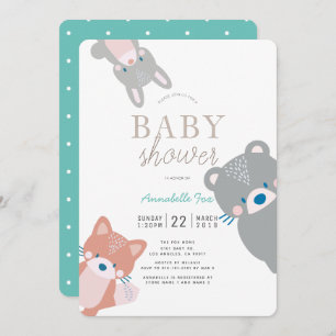 Invitation Bois Animaux Blanc Turquoise Baby shower garçon