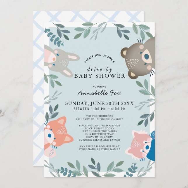 Invitation Bois Animaux Blue Boy Baby shower Drive-by (Devant / Derrière)