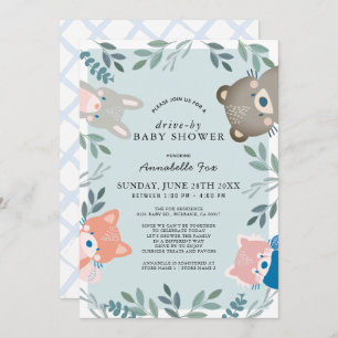 Invitation Bois Animaux Blue Boy Baby shower Drive-by