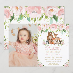 Invitation Bois Animaux Blush Floral 1er Anniversaire Photo