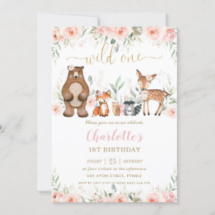 Invitation Bois Animaux Blush Floral 1er Anniversaire Un