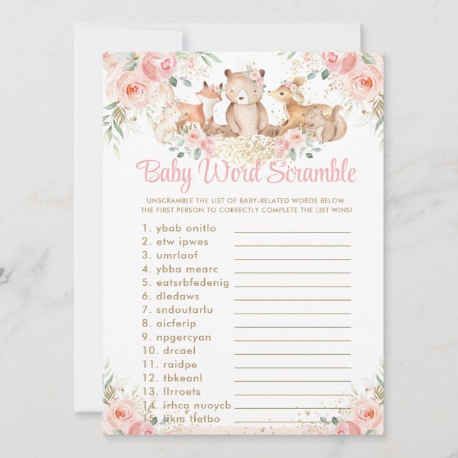 Invitation Bois Animaux Blush Floral Baby Word Scramble (Devant)