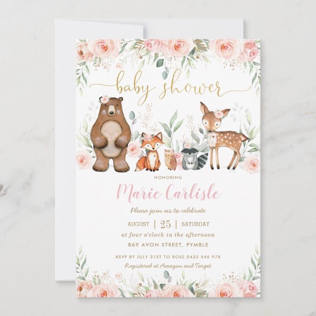 Invitation Bois Animaux Blush Floral Girl Baby shower (Devant)