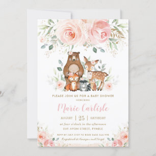 Invitation Bois Animaux Blush Floral Girl Baby shower