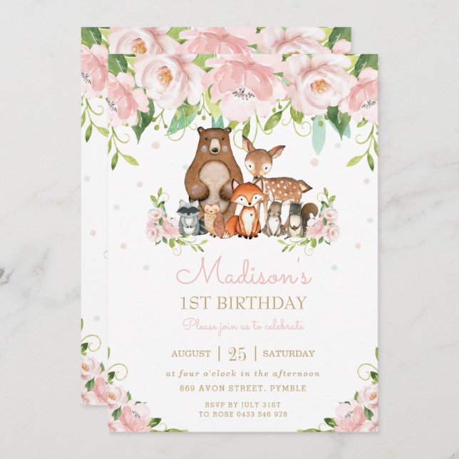 Invitation Bois Animaux Blush Rose Floral 1er anniversaire (Devant / Derrière)