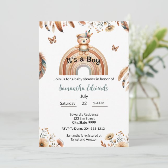 Invitation Bois Animaux Boho C'est un Baby shower garçon (Debout devant)