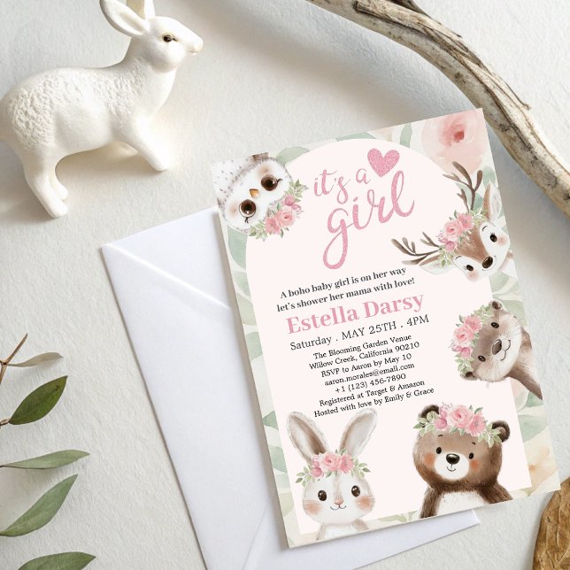 Invitation Bois Animaux Boho rose Baby shower fille (Créateur téléchargé)