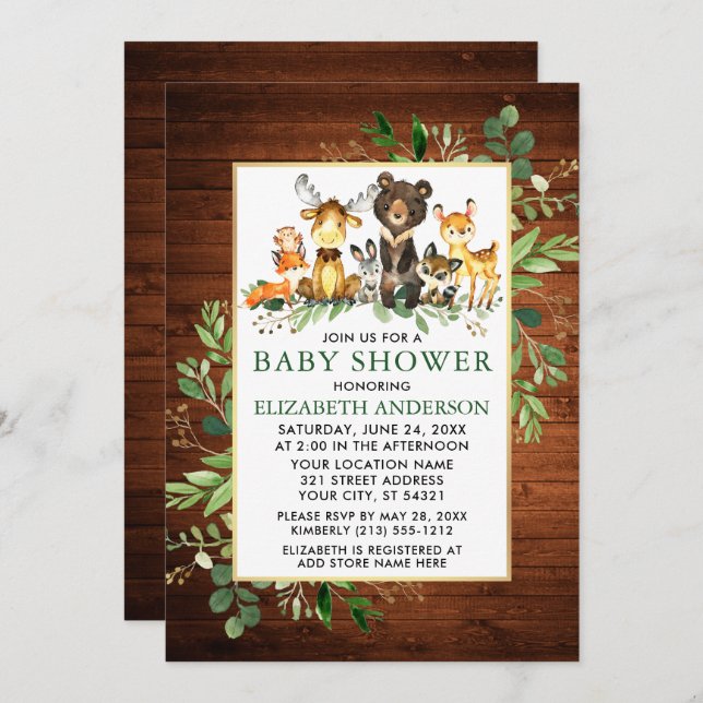 Invitation Bois Animaux Bois Baby shower vert (Devant / Derrière)
