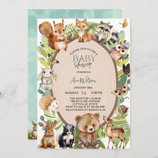 Invitation bois animaux bois bois bois bois baby shower en tr (Devant / Derrière)