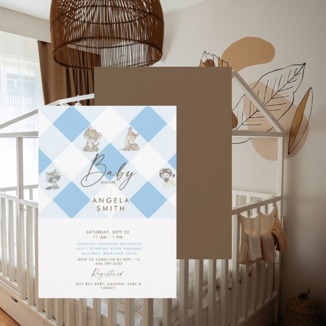 Invitation Bois Animaux Brown & Bleu Baby shower mignon (Créateur téléchargé)