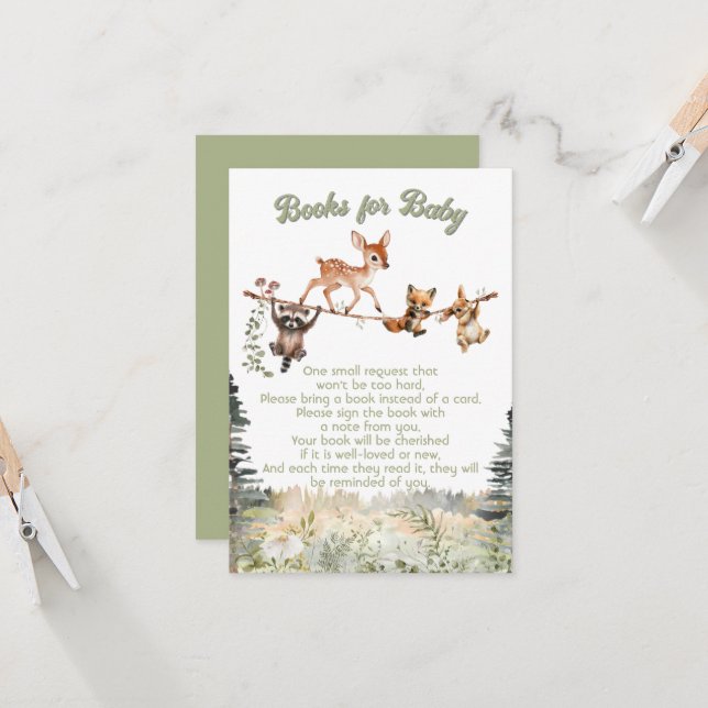 Invitation Bois Animaux Clothesline Livres de forêt pour bébé (Devant/Arrière en situation)