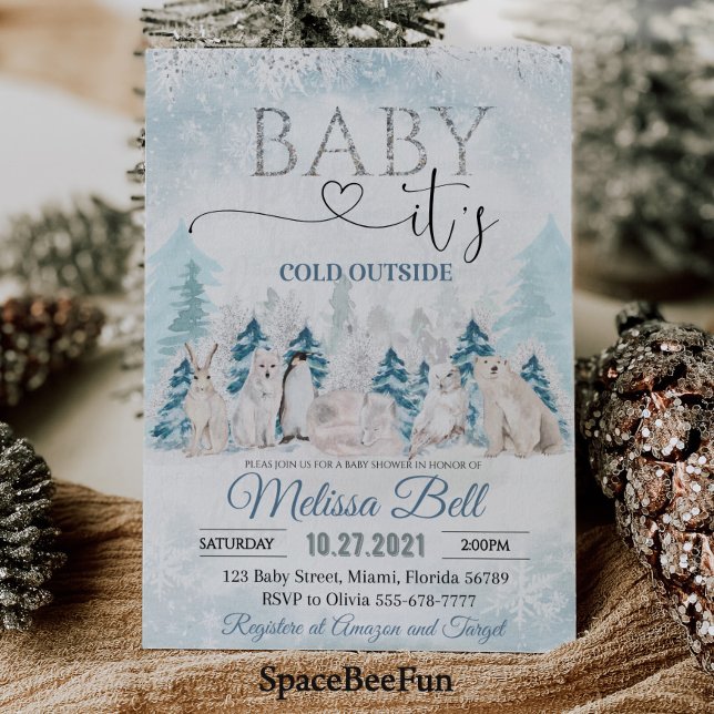 Invitation Bois Animaux de l'Arctique baby shower d'hiver (Woodland animal Arctic animals Winter baby shower invitation Baby it's cold outside )
