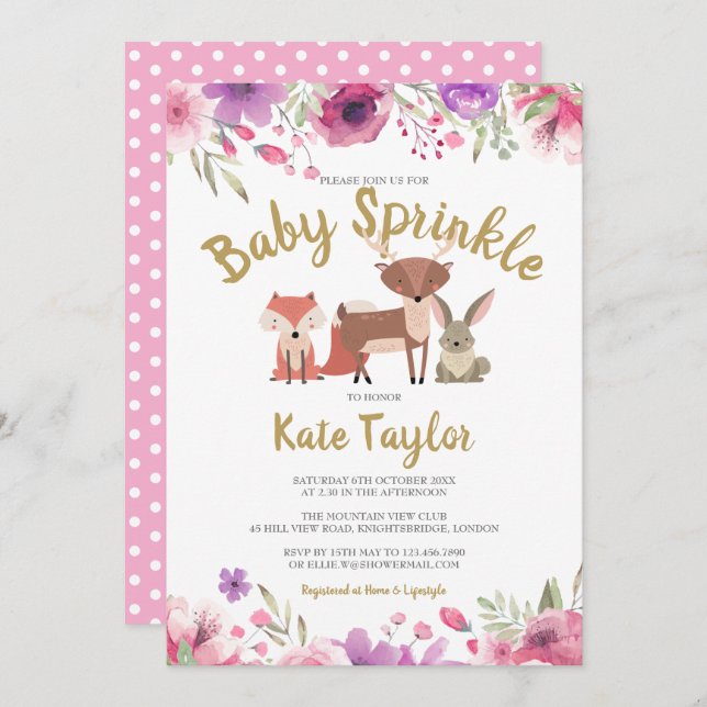 Invitation Bois Animaux Floral Baby Girl Sprinkle/Douche (Devant / Derrière)