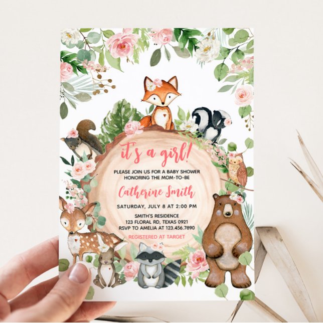 Invitation Bois Animaux Floral Baby shower en tranches de boi (Girl Floral Wood Slice Baby Shower Invitation)