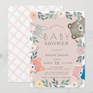 Invitation Bois Animaux Floral Rose Girl Baby shower