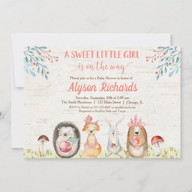 Invitation Bois animaux forêt amis fille baby shower (Devant)