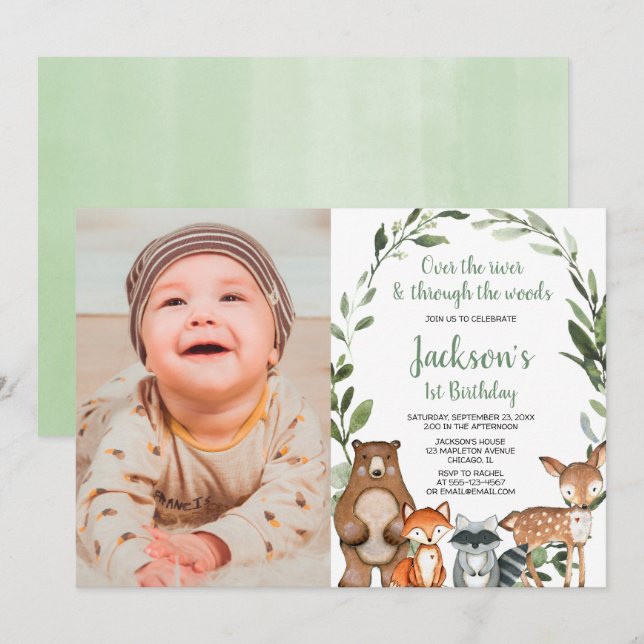 Invitation Bois animaux garçon fille 1er anniversaire photo (Devant / Derrière)