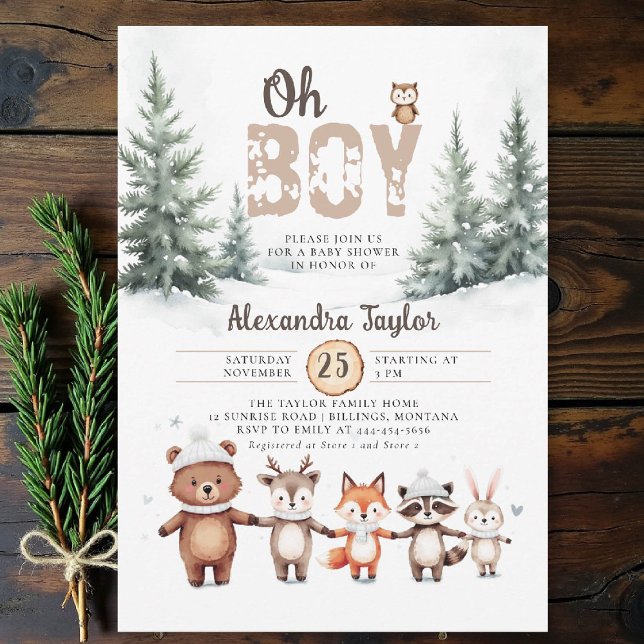 Invitation Bois Animaux Hiver Oh Boy Baby shower (winter baby shower invitation oh boy cute woodland animals watercolor snow cold pine forest)