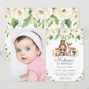 Invitation Bois Animaux Ivory Floral 1er anniversaire Photo