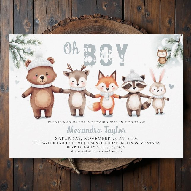 Invitation Bois Animaux Mignons Hiver Oh Baby shower Garçon (winter baby shower invitation oh boy cute woodland animals watercolor snow cold pine watercolor)