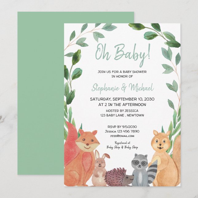 Invitation Bois Animaux Oh Baby Couples Baby shower (Devant / Derrière)