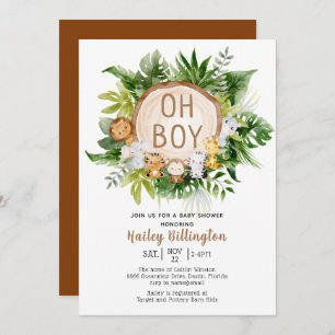 Invitation Bois Animaux Oh Garçon Baby shower aquarelle