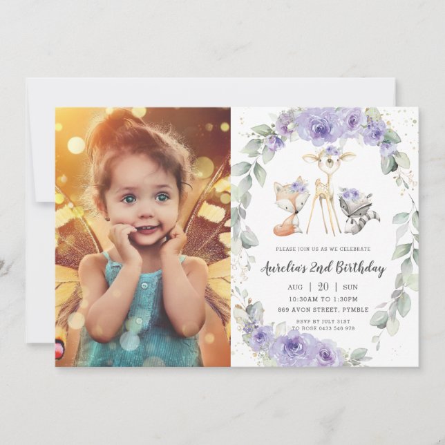 Invitation Bois Animaux Purple Floral Verdure Anniversaire (Devant)