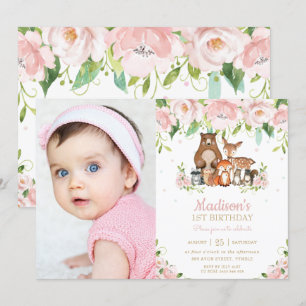 Invitation Bois Animaux Rose Floral 1er anniversaire Photo