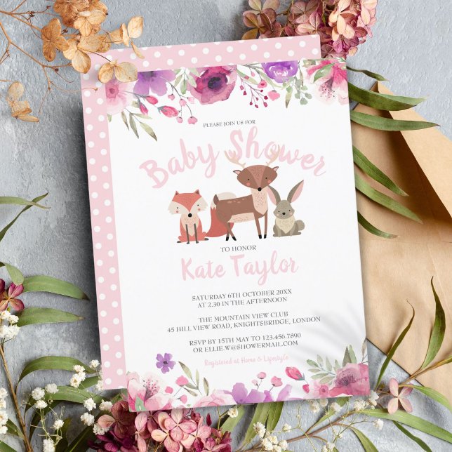 Invitation Bois Animaux rose Floral Baby Girl Douche (Woodland Animals Pink Floral Baby Girl Shower Invitation)