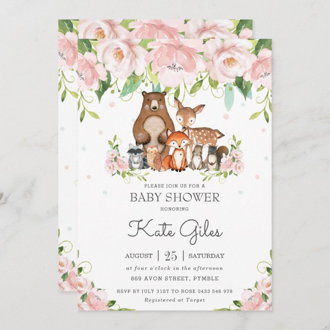 Invitation Bois Animaux Rose Floral Girl Baby shower (Devant / Derrière)